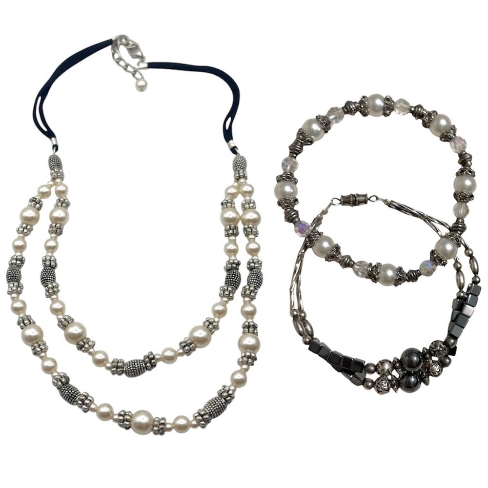 Silver Necklace Bracelet Lot Beaded Metal Faux Pearl Costume Jewelry Bundle 3pc